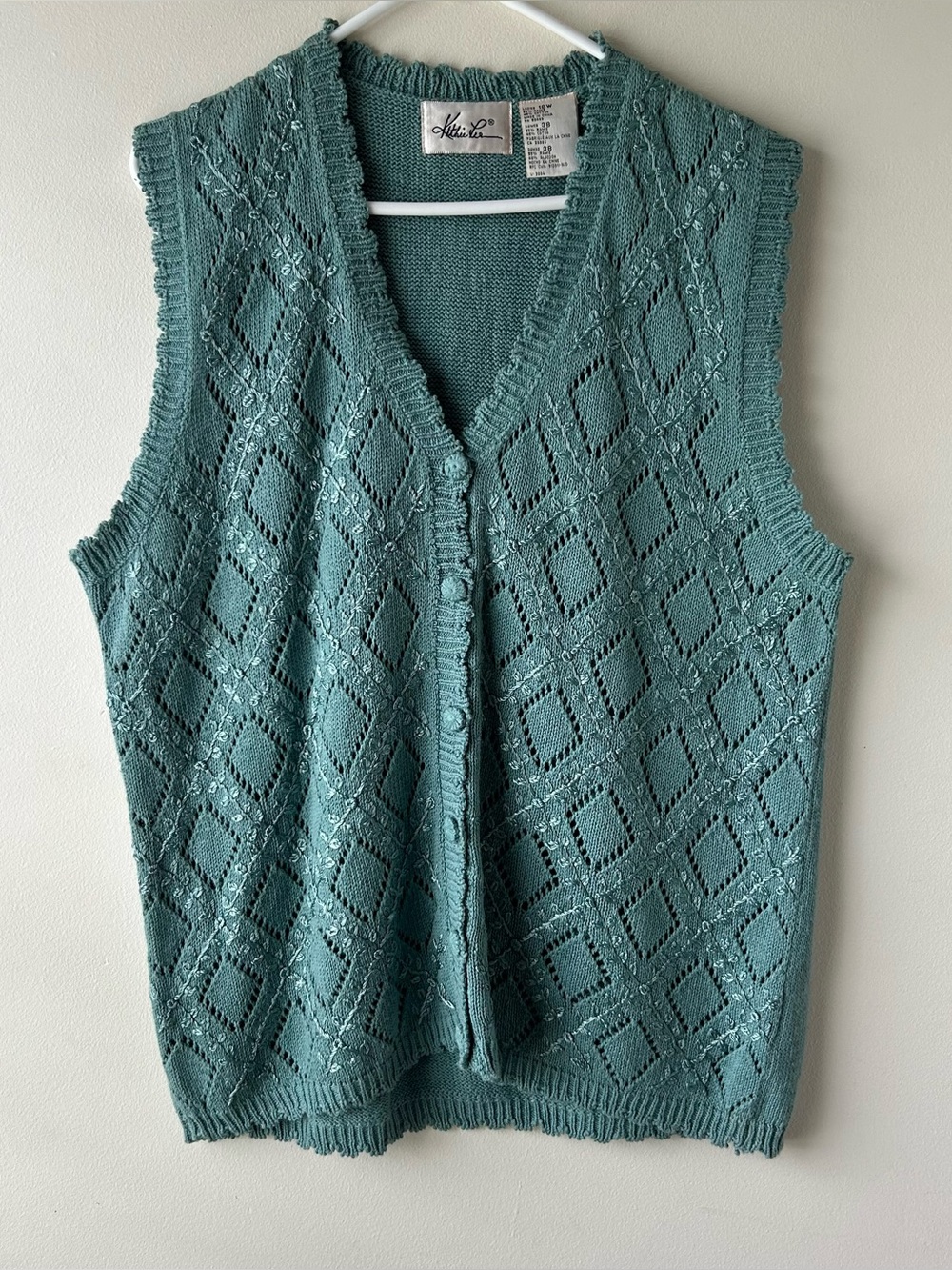 Vintage Cottagecore Kathie Lee Crochet Embroidered Knit Vest Floral Green‎ 18W
